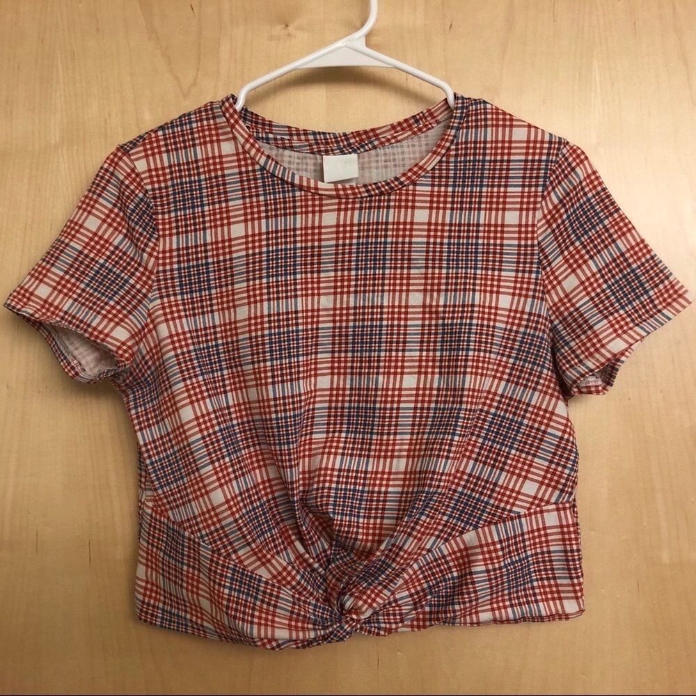 H&M plaid crop top twist knot front